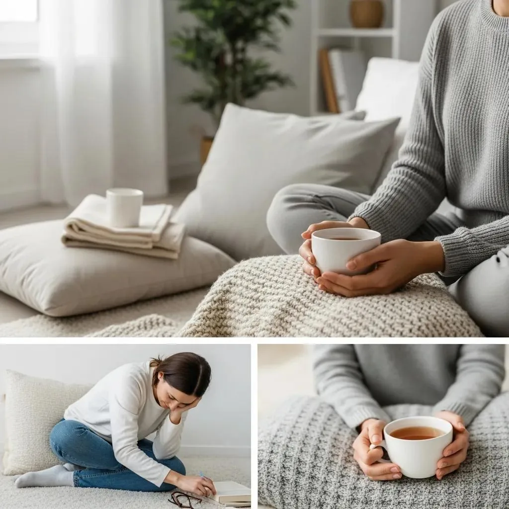 Comfortable self-care environment with a person holding a warm beverage, surrounded by soft pillows and blankets, emphasizing relaxation and emotional support during withdrawal management.