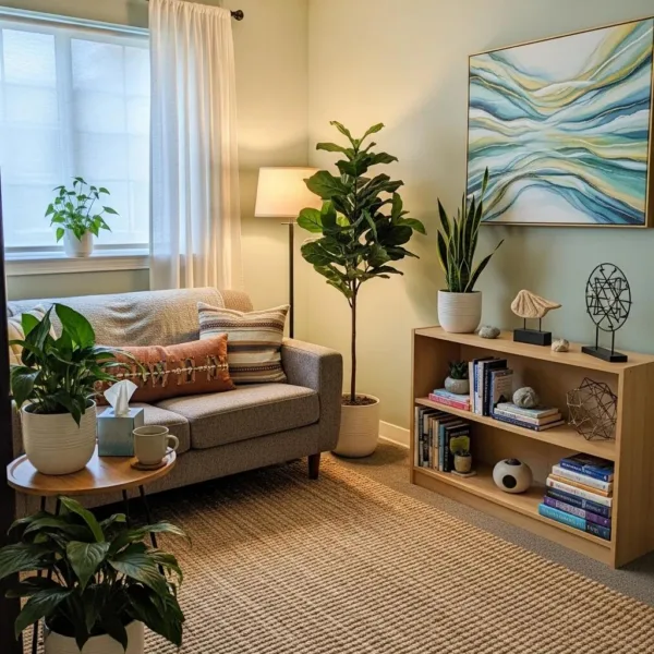 Comfortable Therapy Room At A Treatment Center For Ptsd And Addiction, Emphasizing A Supportive Healing Environment