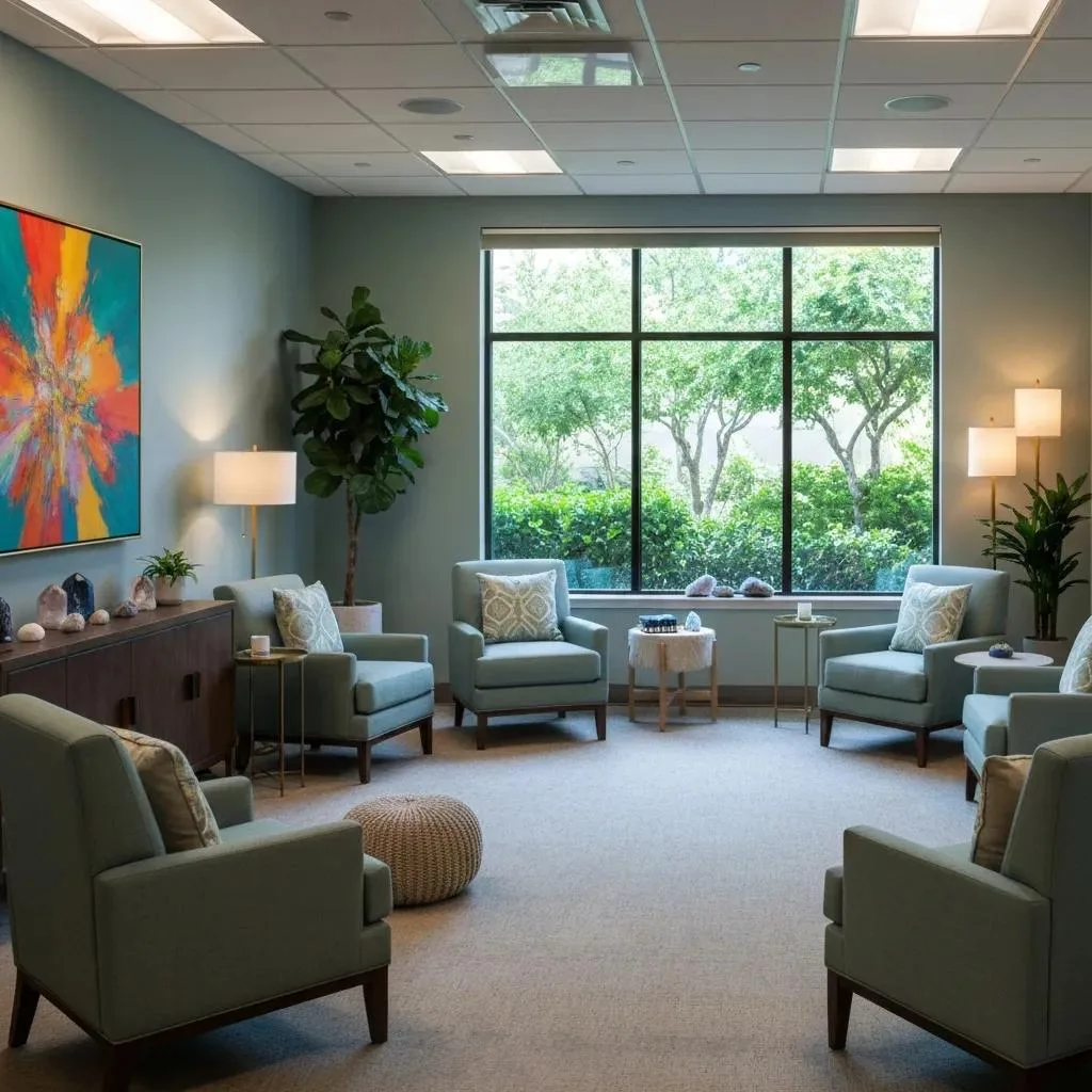 Comfortable therapy room in dual diagnosis treatment center, featuring soft seating, calming decor, and natural light, emphasizing healing and support for trauma and addiction recovery in Las Vegas.