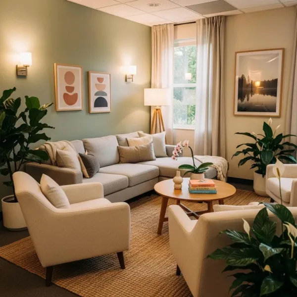 Blogs Comfortable therapy room in a treatment center, featuring a cozy sofa, armchairs, plants, and calming decor, emphasizing a supportive environment for addiction recovery.