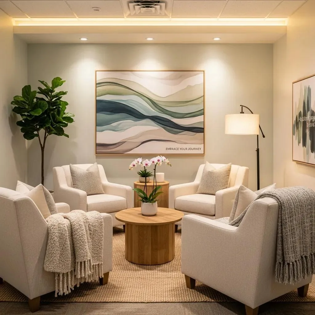 Personalized Addiction Treatment Plans For Recovery Comfortable therapy room at BetterChoice Treatment Center, featuring two white armchairs with throw blankets, a wooden coffee table with a plant, and calming artwork with the phrase "Embrace Your Journey" on the wall, emphasizing a welcoming space for personalized addiction treatment.