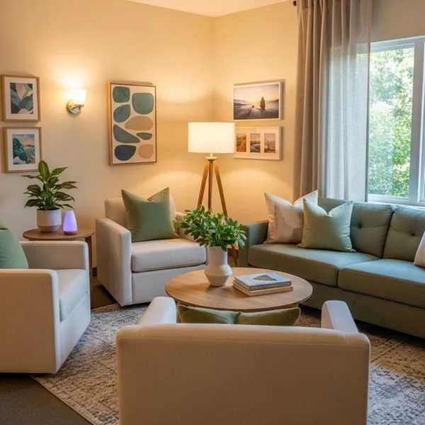 Comfortable Therapy Room Representing Dual Diagnosis Treatment For Depression And Addiction Recovery