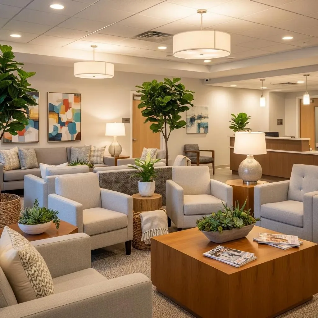 Medical Detox: What To Expect During Withdrawal Comfortable waiting area at BetterChoice Treatment Center, featuring modern furniture, plants, and a welcoming atmosphere for medical detox patients.