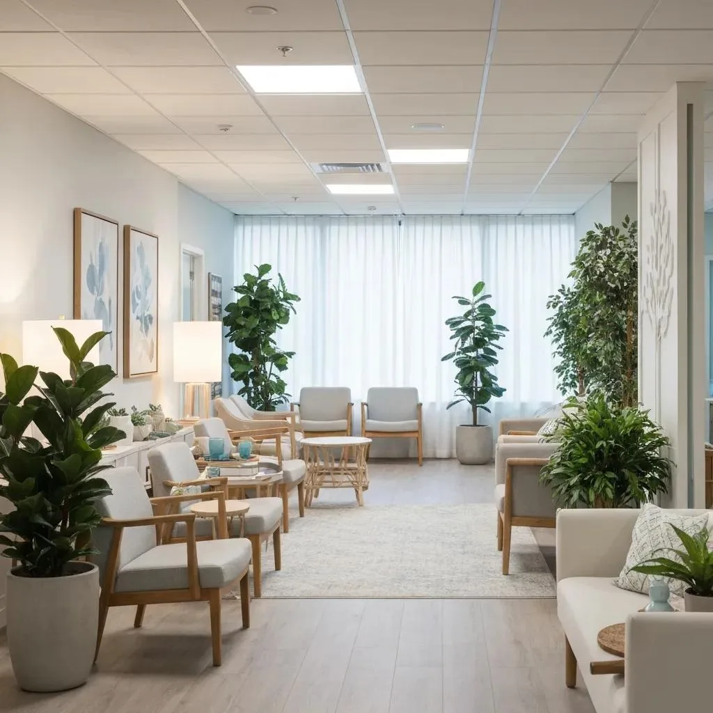 Comfortable treatment center environment featuring seating areas, plants, and natural light, emphasizing a welcoming atmosphere for alcohol detox services in Las Vegas.