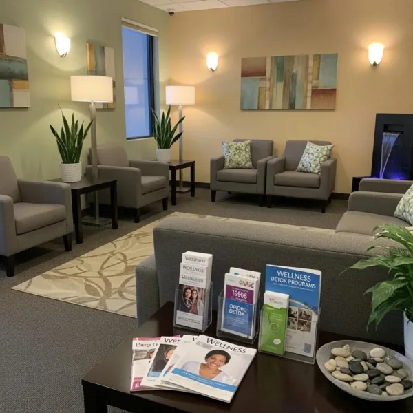 Blogs Comfortable waiting area in a treatment center for addiction recovery, featuring modern furniture, plants, and informational brochures on wellness and detox programs, reflecting a supportive environment for individuals seeking help.