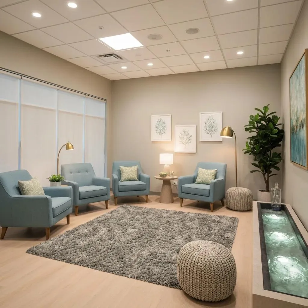 Cocaine Detox &Amp; Withdrawal Support In Las Vegas Comfortable treatment room for cocaine detox in Las Vegas, featuring blue armchairs, a cozy rug, indoor plants, and soft lighting, emphasizing safety and support for recovery.