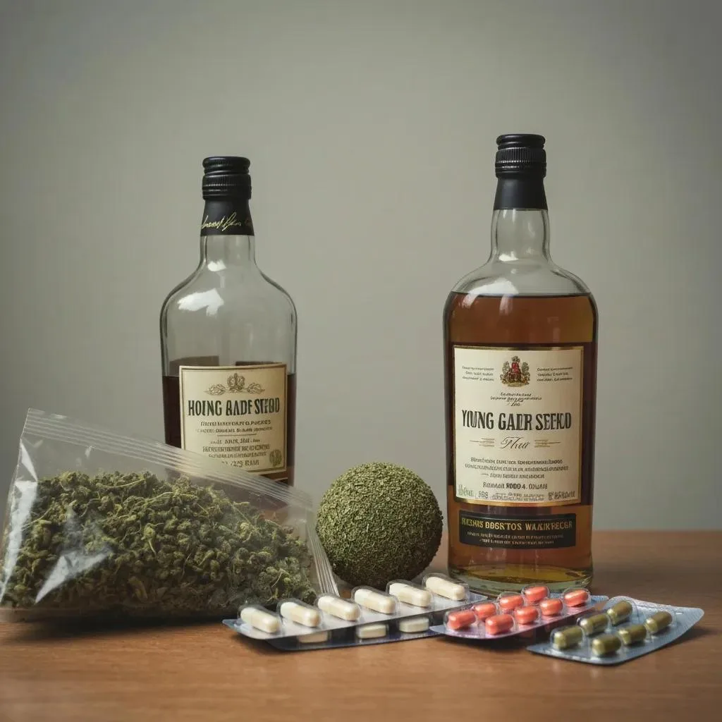 Bottles of alcohol, cannabis in a bag, and assorted prescription pills illustrating common substances abused by young adults.