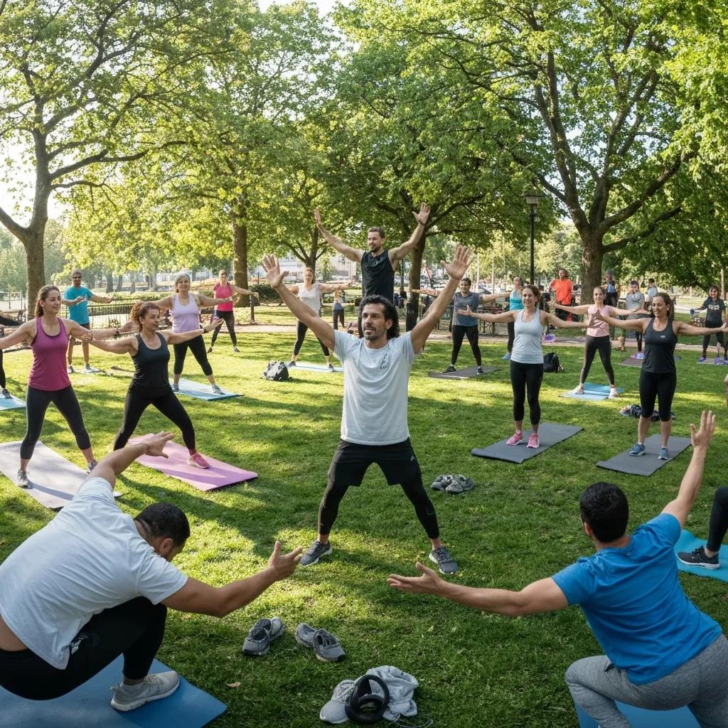 Beginner Workouts For Addiction Recovery Community Fitness Class In A Park, Showcasing Support And Engagement In Recovery Workouts