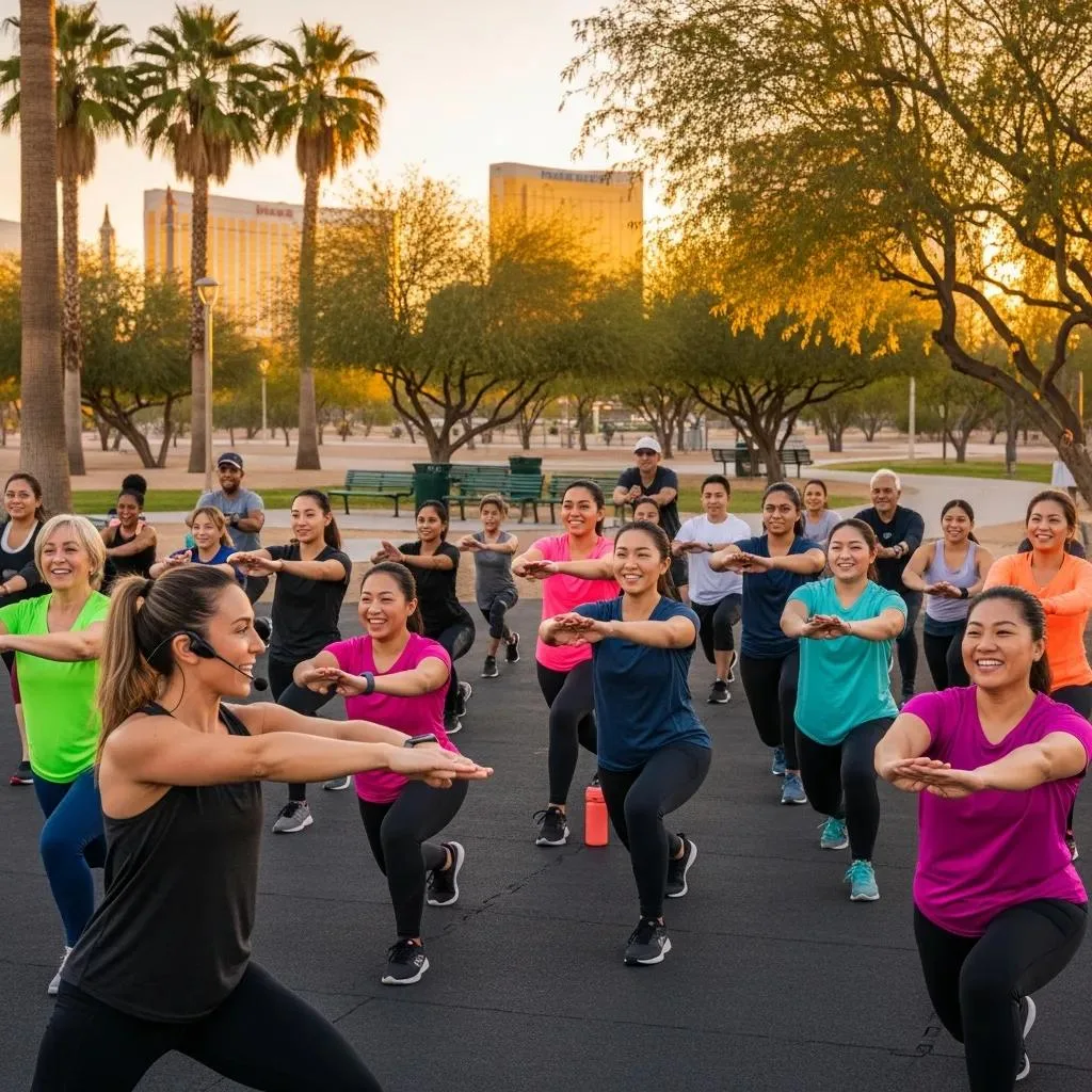 Las Vegas Parks &Amp; Recreation For Healthy Living Community fitness class in Las Vegas, diverse participants engaging in group exercise, outdoor setting with palm trees and city skyline, promoting health and well-being through structured activities.
