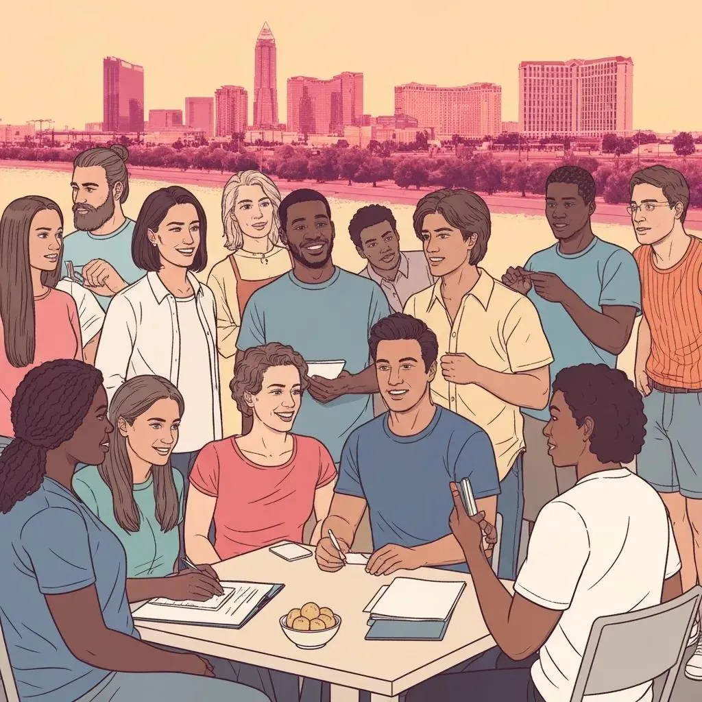 Understanding Drug Trends And Addiction In Las Vegas Community support group gathering in Las Vegas, focused on addiction awareness and recovery, diverse individuals engaging in discussion and sharing resources.