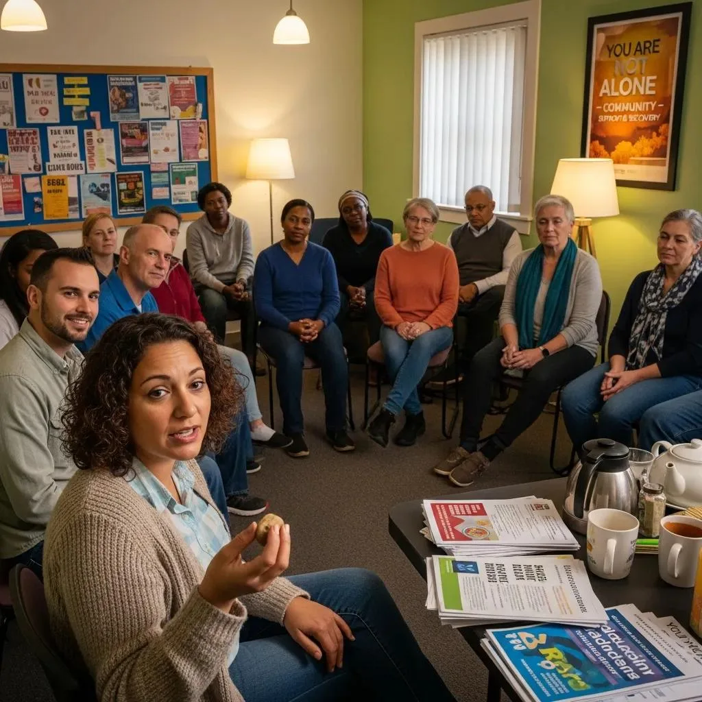 Support group meeting for addiction recovery, diverse individuals seated in a circle, engaged discussion, informational materials on table, supportive community environment.