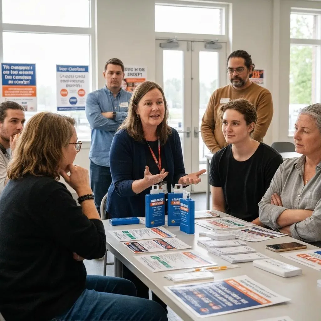 Addressing The Fentanyl Crisis: Treatment &Amp; Prevention In Nevada Community workshop on naloxone use and overdose prevention strategies, featuring a facilitator engaging with participants, educational materials on the table, and a focus on harm reduction in the context of fentanyl overdose prevention.