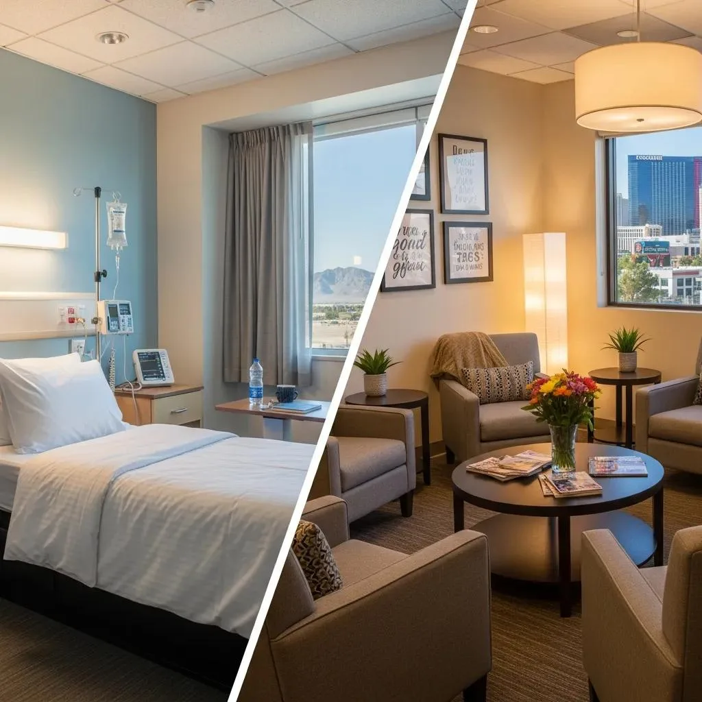 Inpatient detox room with medical equipment and IV setup, alongside a comfortable outpatient lounge area featuring seating, floral arrangement, and motivational decor, representing opioid addiction treatment options.