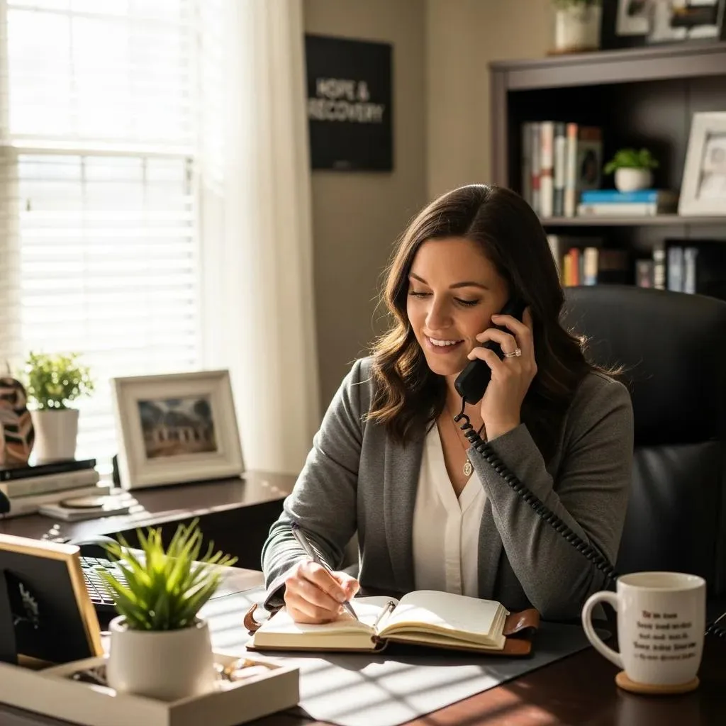 Compassionate Admissions Staff Speaking With A Caller—Supportive Rehab Intake Conversation