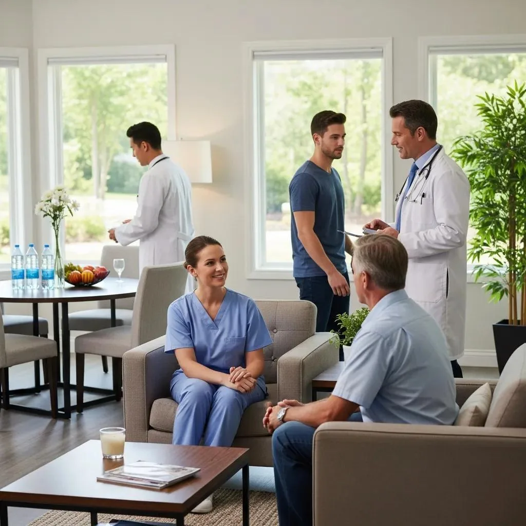 Addiction Treatment &Amp; Rehab Paradise, Nevada Compassionate healthcare professionals interacting in a medical detox facility, providing support to patients in a welcoming environment, emphasizing addiction treatment in Paradise, Nevada.