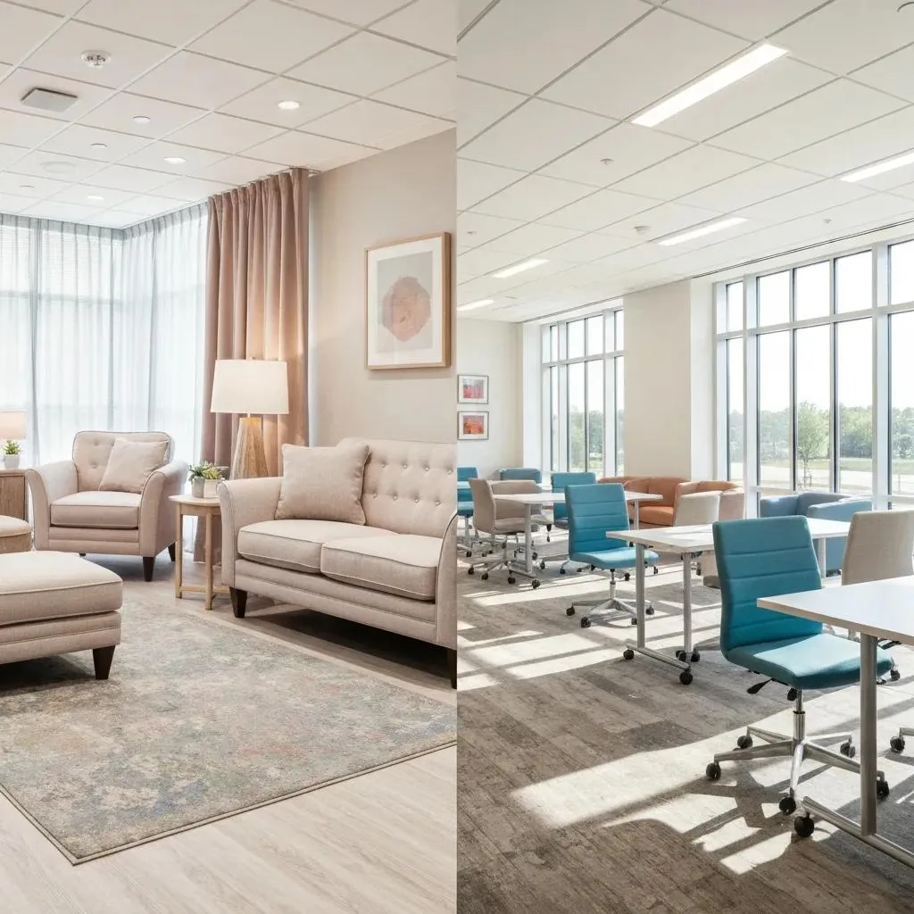 Inpatient rehab room with comfortable seating and warm lighting contrasted with an outpatient therapy session space featuring modern, functional furniture and large windows.