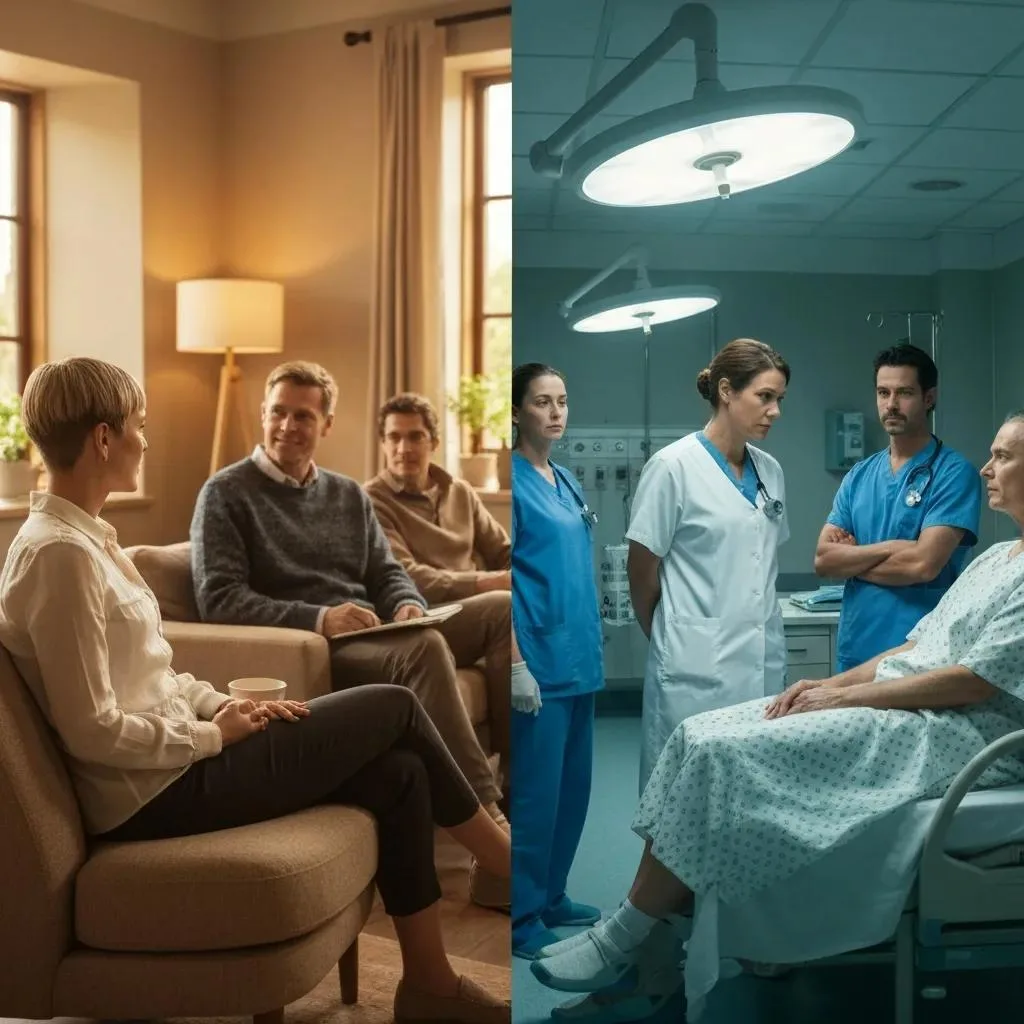 Outpatient Therapy For Addiction: What To Expect Contrasting scenes of outpatient therapy group session with individuals in a cozy living room setting and inpatient treatment facility with medical staff attending to a patient in a hospital room, highlighting differences in care environments for addiction treatment.