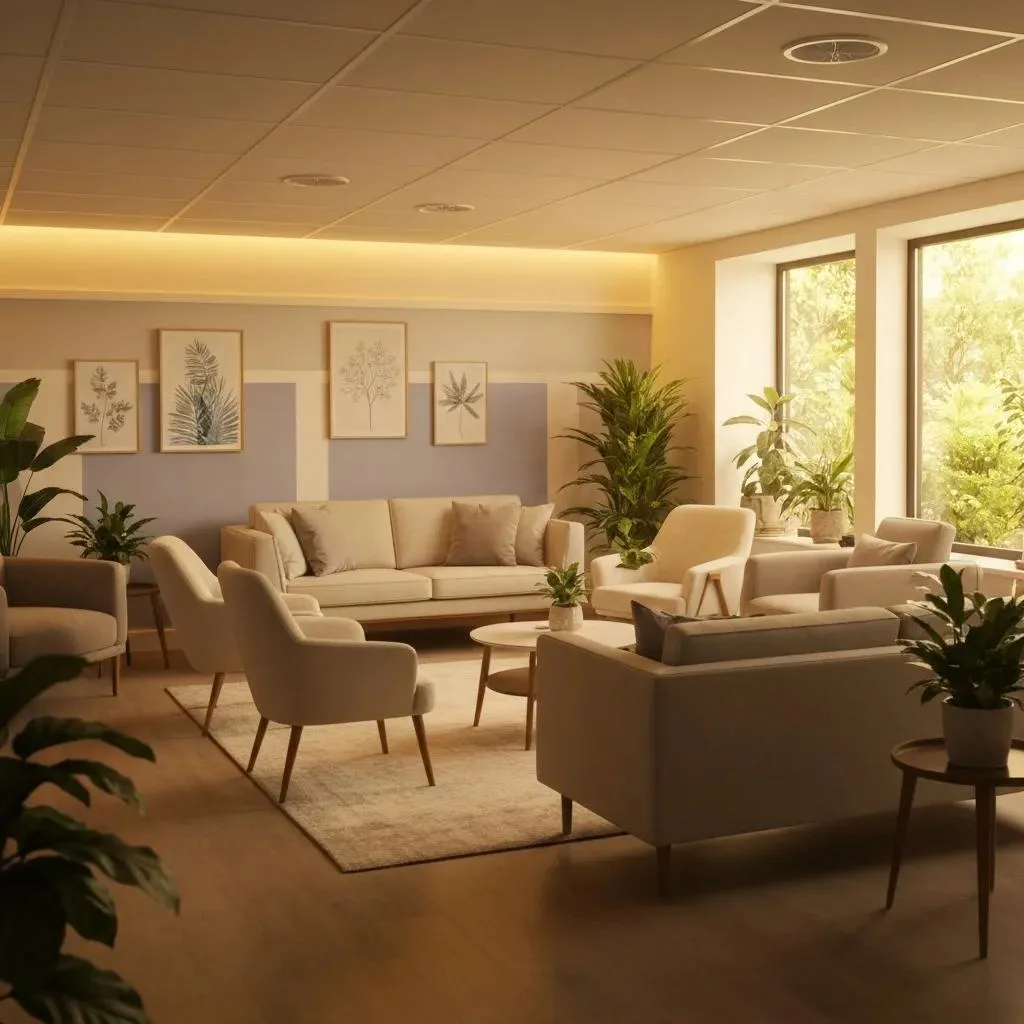 Counseling room designed for addiction recovery, featuring comfortable seating, plants, and calming decor, emphasizing a supportive environment for therapy in Las Vegas.