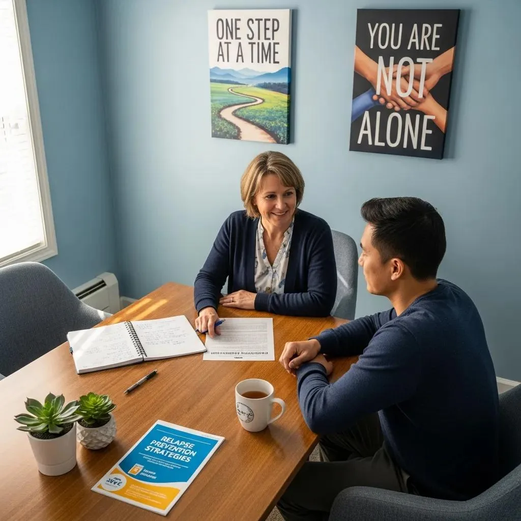 Counselor and client discussing aftercare planning for sustained sobriety in a supportive environment, featuring a "Relapse Prevention Strategies" document on the table, with motivational posters stating "One Step at a Time" and "You Are Not Alone" in the background.