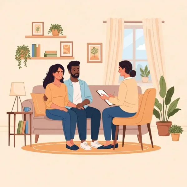 Blogs Couple engaged in therapy session with counselor, focusing on addiction recovery and support in a comfortable setting.