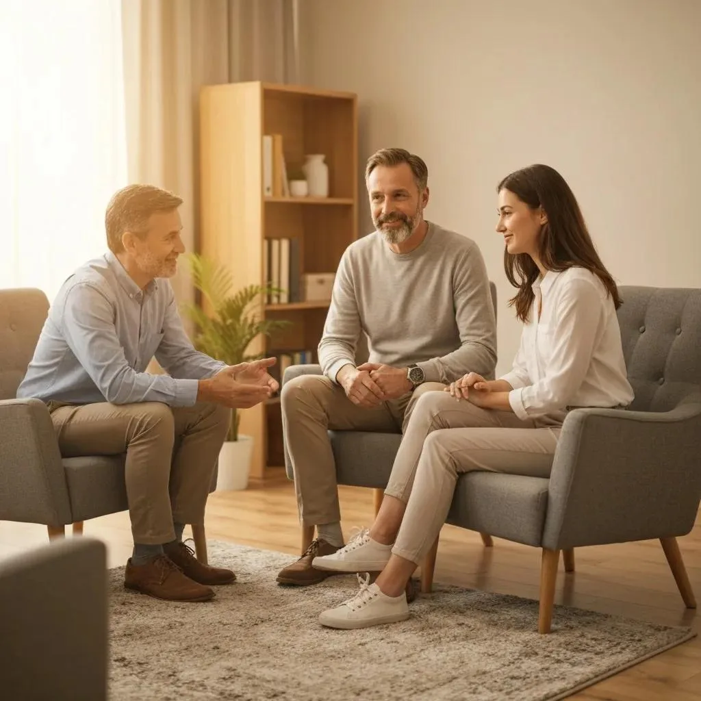 Addiction Treatment Center Serving Centennial Hills, Las Vegas Two People Working With A Therapist On Communication And Recovery Goals