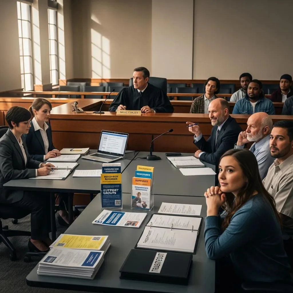 Legal Aid Resources Las Vegas For Recovery Courtroom scene depicting a drug court session, featuring legal professionals and defendants engaged in discussions, emphasizing support for recovery efforts and treatment-focused alternatives in the justice system.