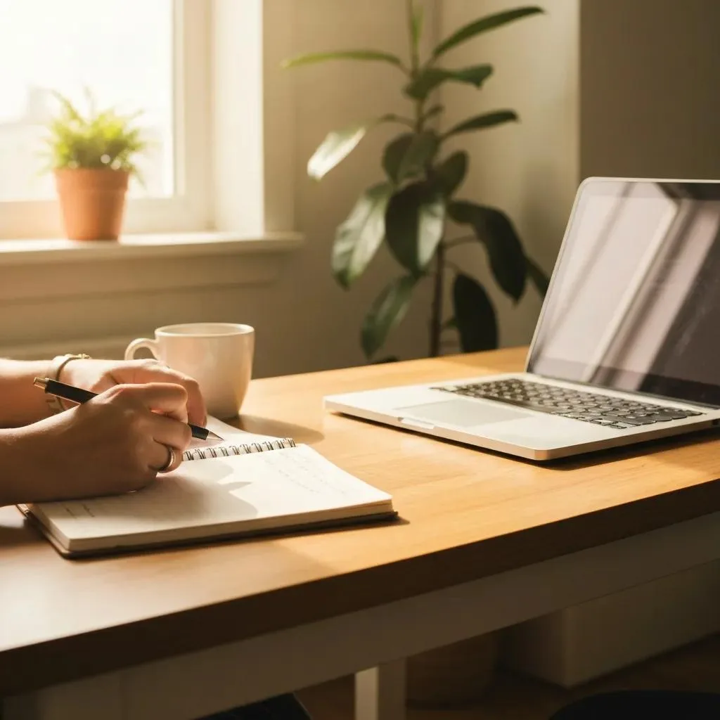 Debt Management Strategies In Addiction Recovery Person writing in a notebook with a laptop and coffee cup on a wooden desk, emphasizing financial planning and recovery strategies in addiction recovery.