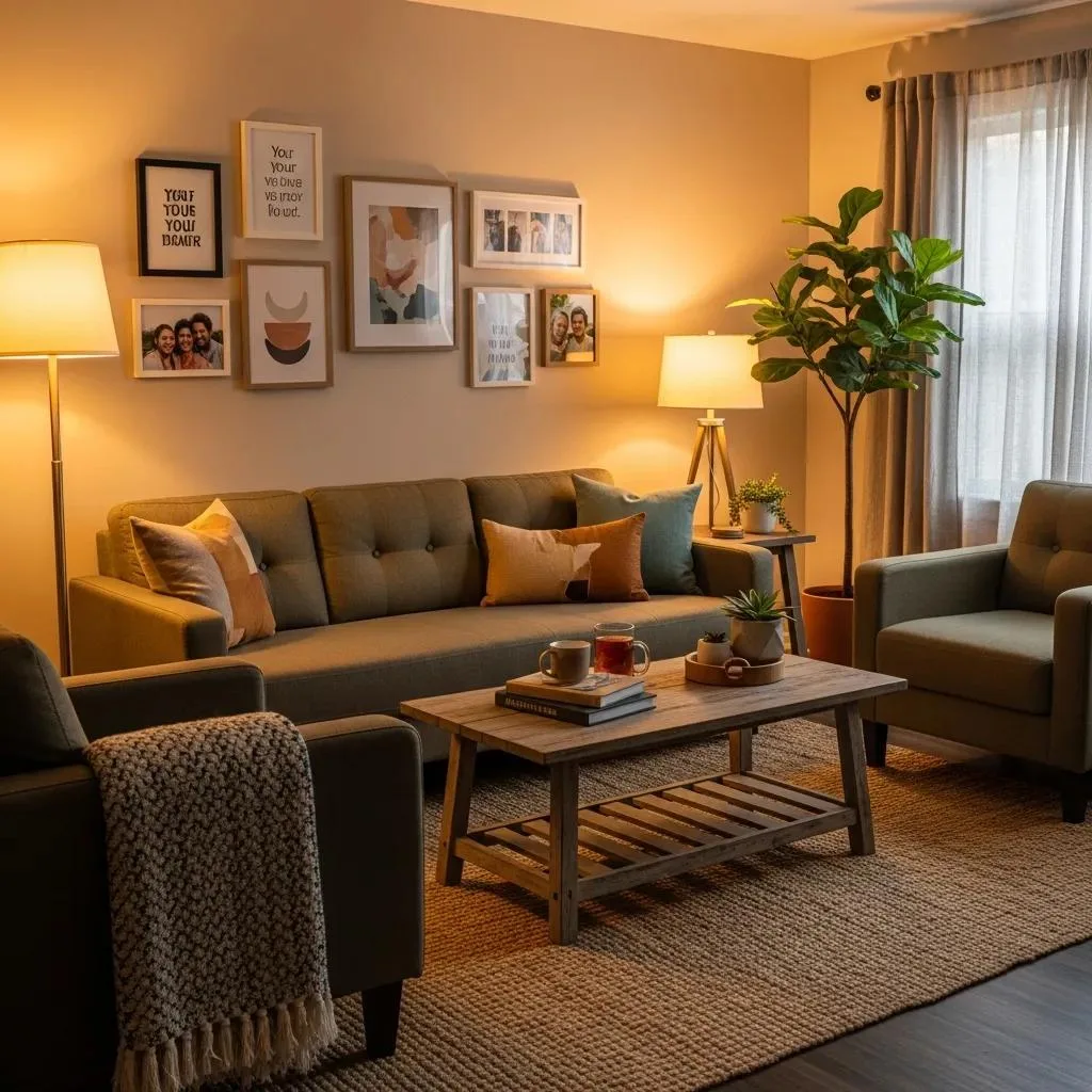 Sober Living Homes: Support After Inpatient Rehab Cozy living room in a sober living home with supportive decor, including framed art, comfortable seating, and a warm ambiance, emphasizing a welcoming environment for recovery.