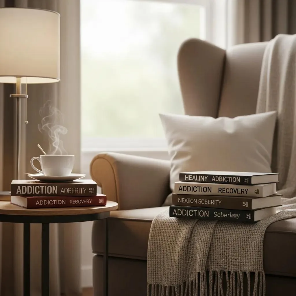 Cozy reading nook featuring books on addiction and recovery, warm atmosphere with a steaming cup of coffee on a side table, inviting armchair and soft throw blanket.