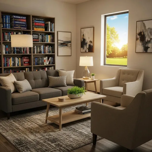 Cozy Therapy Room With Comfortable Seating And Calming Decor For Addiction Counseling