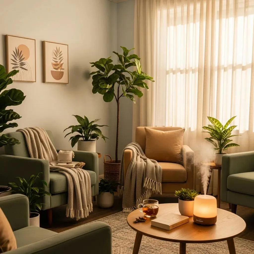 Addiction Treatment Costs: What To Expect &Amp; Plan Cozy addiction treatment room with calming decor, inviting atmosphere, plants, and essential oil diffuser, representing a supportive environment for recovery in Nevada.