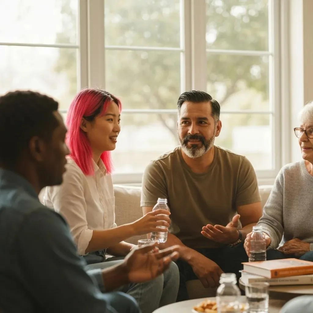 Diverse group discussing addiction and genetics in a supportive environment, emphasizing personalized treatment approaches.