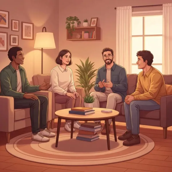 Diverse Group Discussing Addiction Recovery In A Cozy Living Room, Emphasizing Support And Empathy