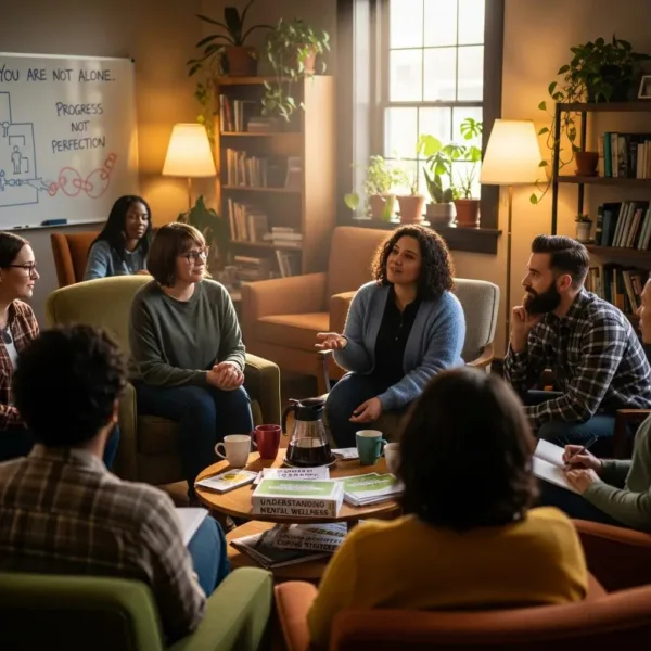 Blogs Diverse group discussing mental health and substance abuse recovery in a supportive community setting, with focus on shared experiences and guidance.