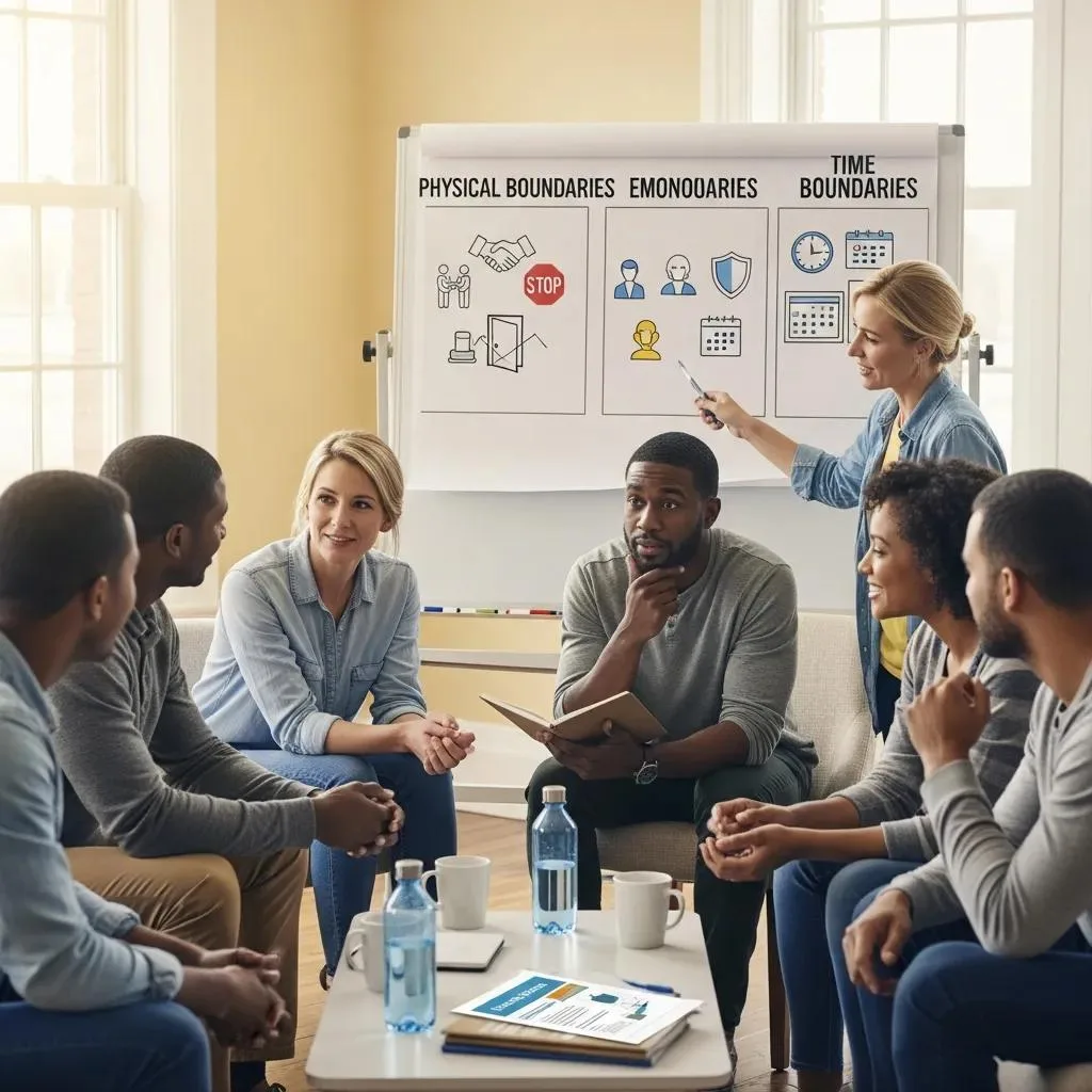 Small Group Talking Through Types Of Boundaries During A Recovery Session