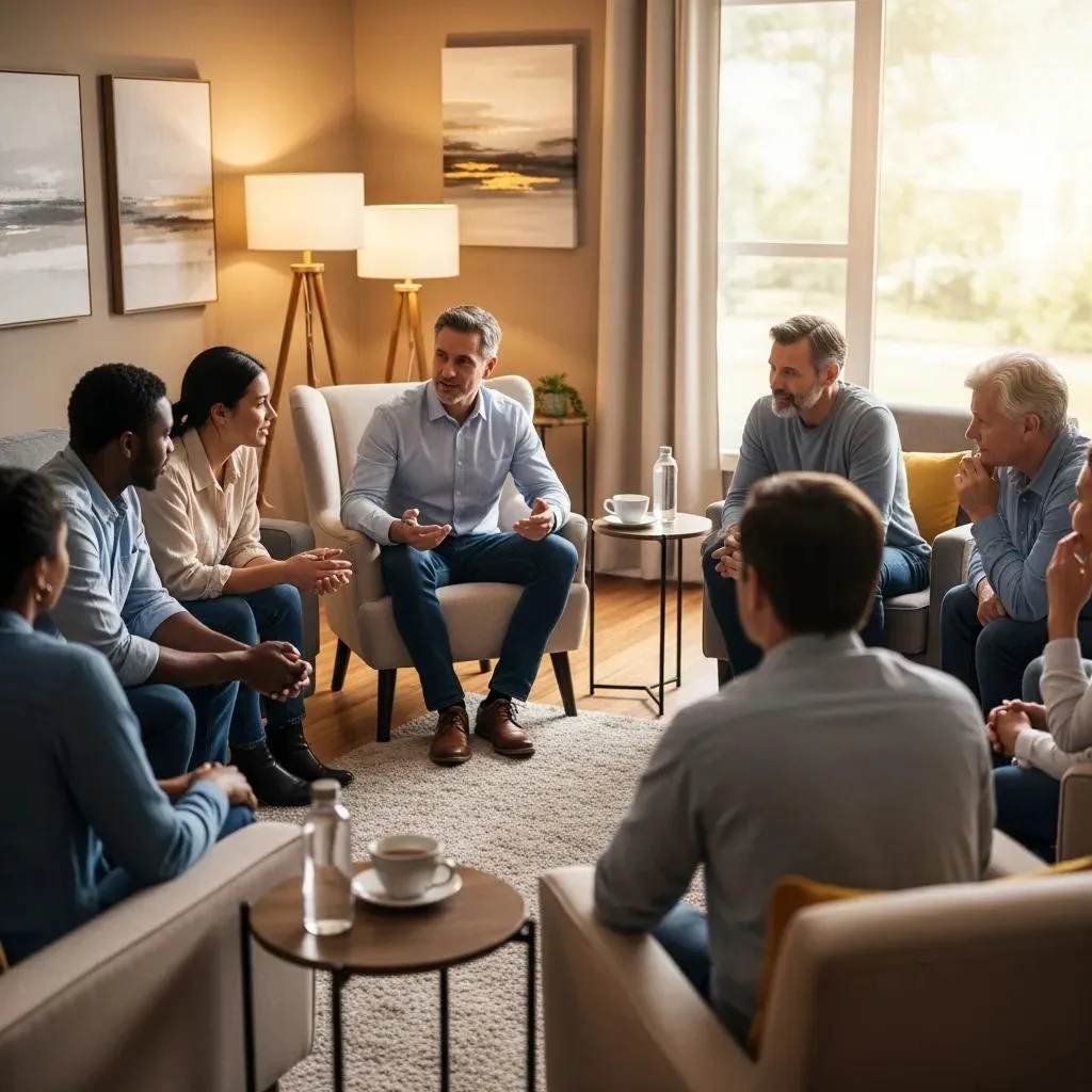 Developing Coping Skills For Addiction Recovery A Diverse Therapy Group In A Supportive Session, Illustrating Shared Coping Strategies For Addiction Triggers