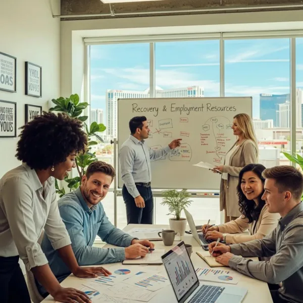 Blogs Diverse group of professionals collaborating in a bright office, discussing recovery and employment resources, with a whiteboard featuring key concepts related to job support for individuals in recovery.