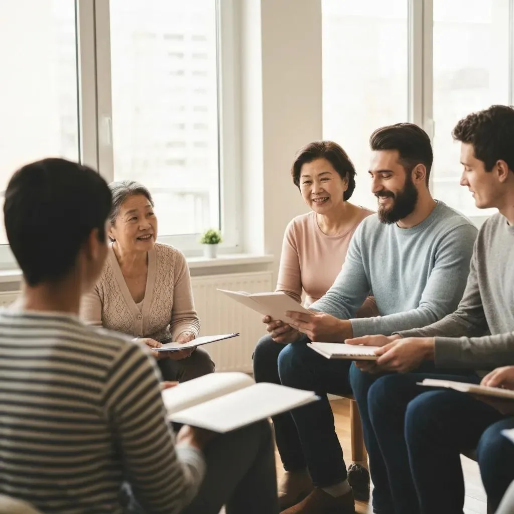 Diverse group of individuals in a support meeting, fostering connection and understanding in addiction recovery, discussing coping strategies and sharing experiences.