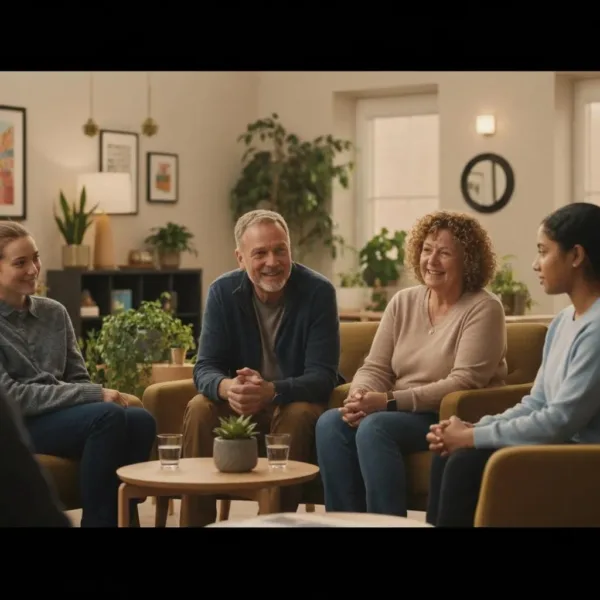 Diverse Group Of Individuals In A Supportive Discussion, Representing Community And Recovery