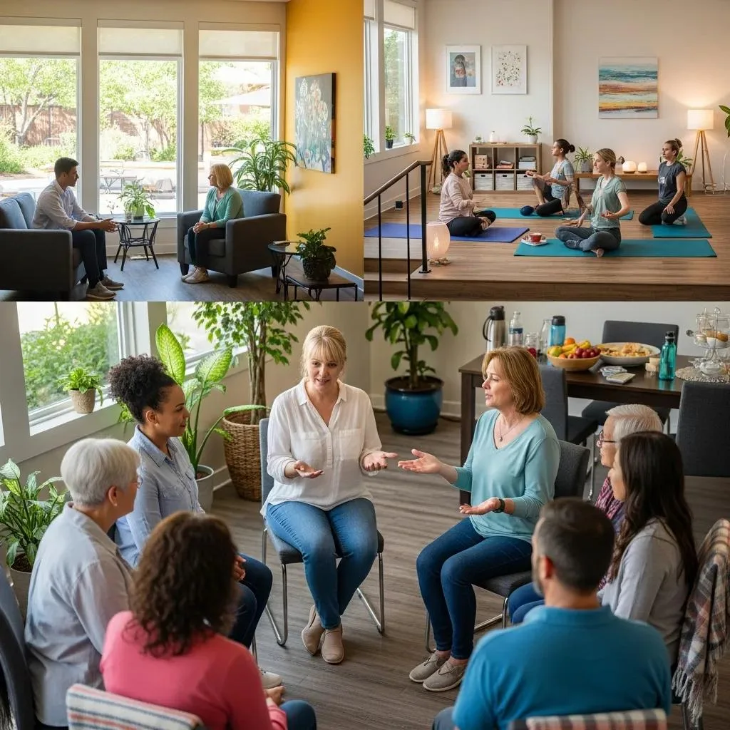 Diverse group participating in an Intensive Outpatient Program session, engaging in therapy and holistic practices, including individual counseling and group discussions in a supportive environment.