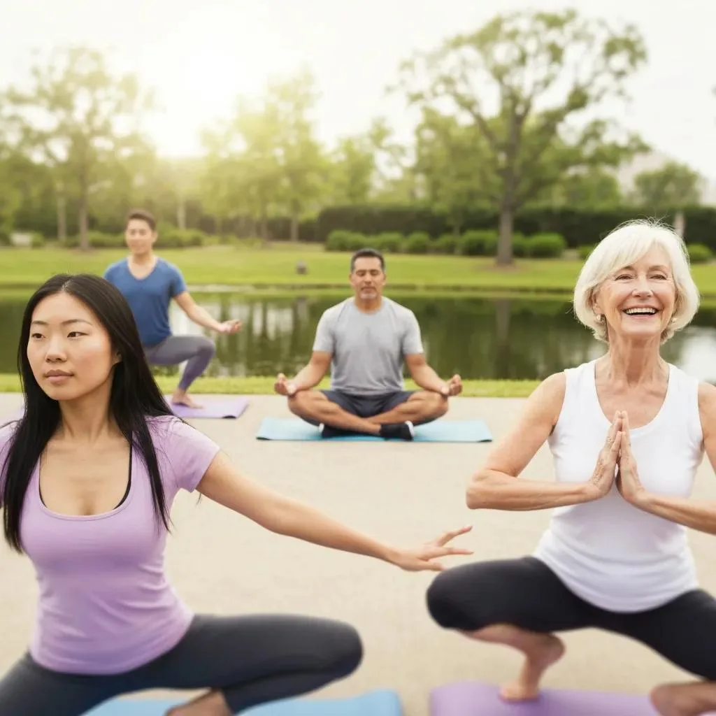 Diverse group practicing yoga outdoors, emphasizing flexibility and community in outpatient rehabilitation at BetterChoice Treatment Center.