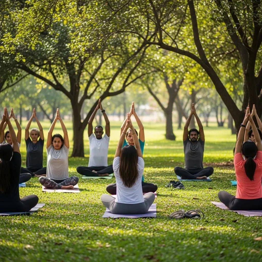 A Diverse Group Practicing Outdoor Yoga In A Park — Illustrating Benefits Of Nature-Based Recovery