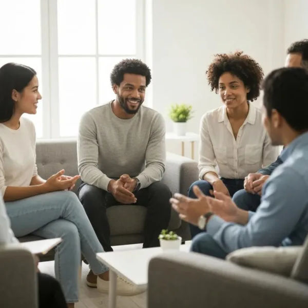 Diverse Group Therapy Session For Lgbtq+ Addiction Recovery, Emphasizing Community And Support
