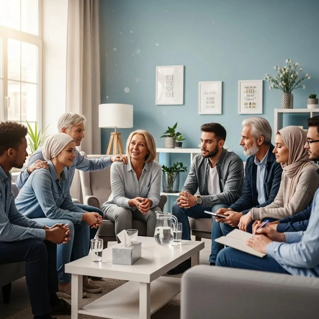 Group Therapy In Session Showing Peer Support And Connection