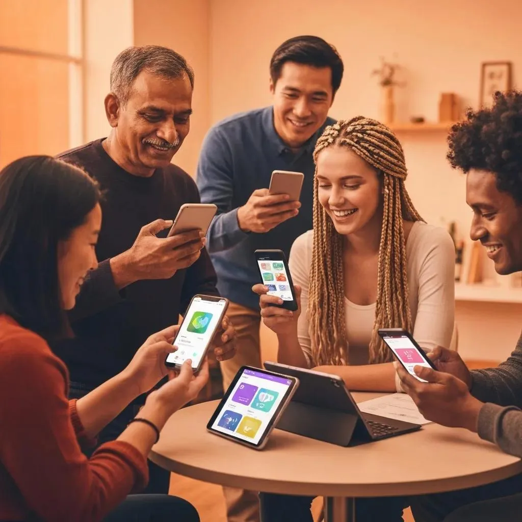 Top Recovery Apps For Addiction Support Diverse individuals engaging with recovery apps on smartphones and a tablet in a supportive community setting, illustrating the use of digital resources for addiction support and sobriety.