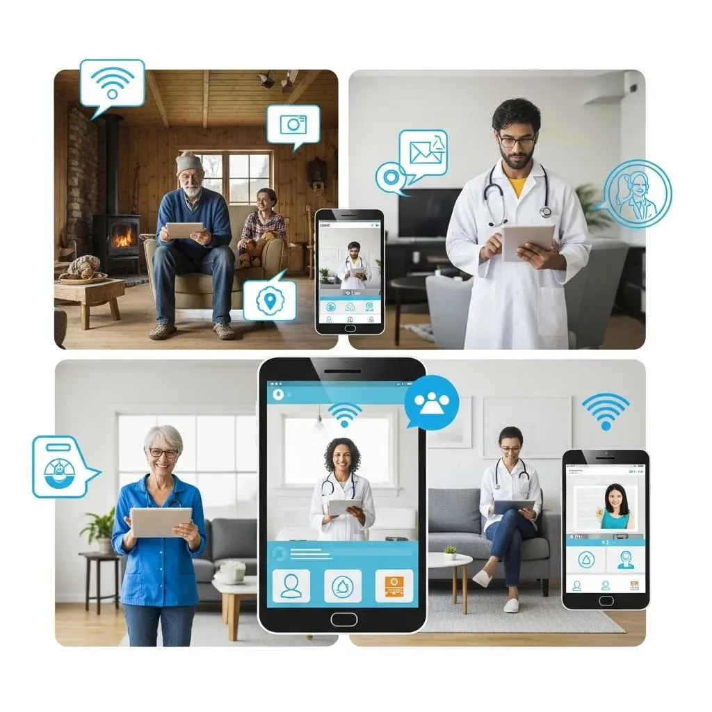Telehealth In Addiction Treatment: Virtual Care Diverse individuals engaging in telehealth services, highlighting accessibility and convenience in addiction treatment, with healthcare professionals and patients using devices for virtual consultations.