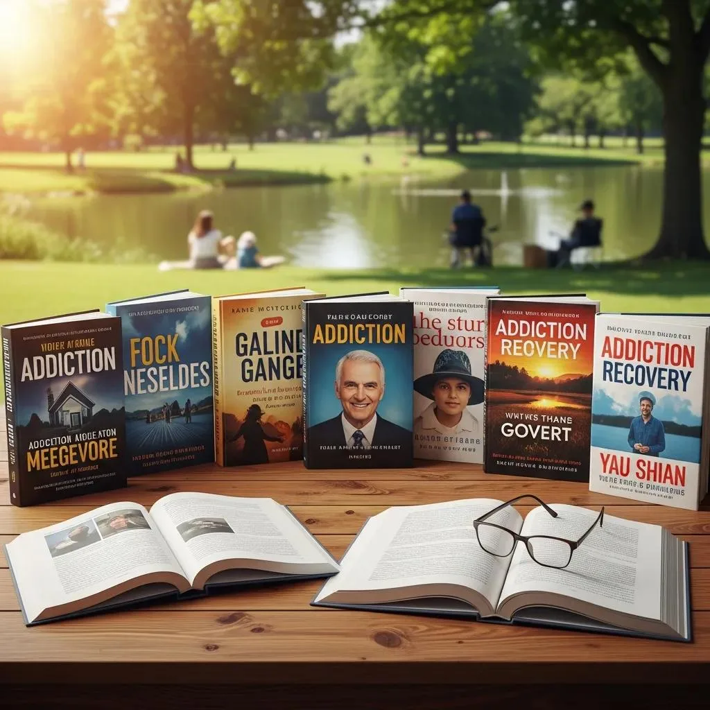 Diverse addiction memoirs displayed outdoors, featuring titles like "Addiction Recovery" and "Fock Nesledes," alongside open books and glasses, symbolizing support and inspiration in recovery journeys.