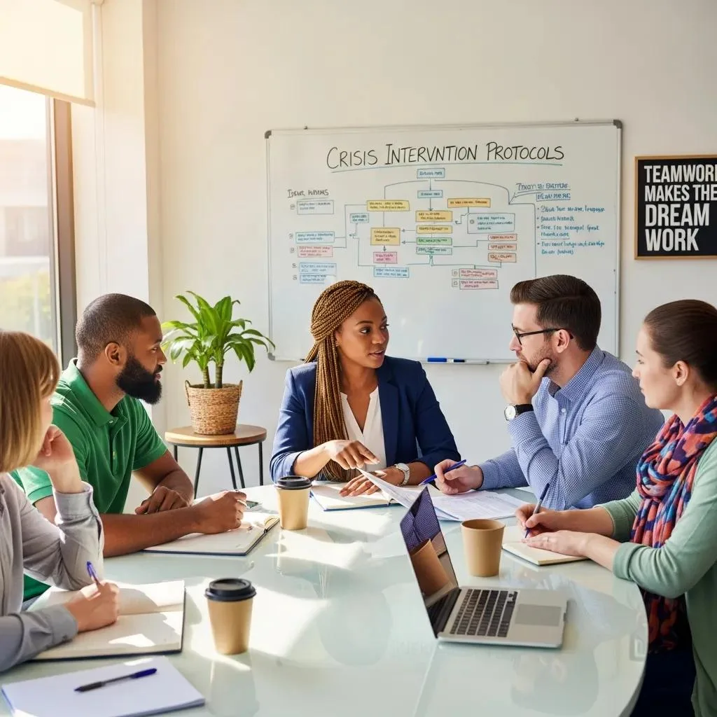 Addiction Hotlines: When &Amp; How To Use Them Diverse professionals collaborating on crisis intervention strategies in a supportive office setting, with a whiteboard displaying "Crisis Intervention Protocols" and flowcharts, emphasizing teamwork and effective communication.