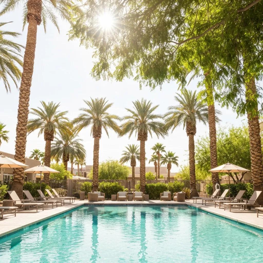 Serene outdoor space at a drug rehab center in Las Vegas, featuring a sparkling pool surrounded by palm trees and comfortable lounge chairs, emphasizing a tranquil atmosphere for recovery.