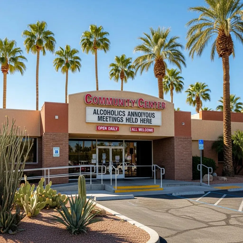 Front Entrance Of A Las Vegas Community Center That Hosts Aa Meetings, Showing Accessible Entry And Meeting Information
